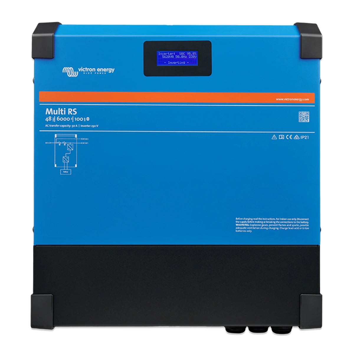 Front view of blue Victron Multi RS 48/6000 inverter charger with digital LCD display