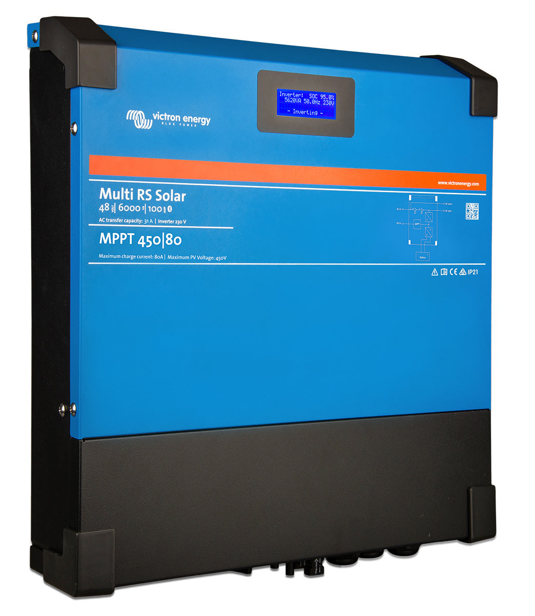 Three-quarter perspective view of the Victron Multi RS Solar wall-mount unit