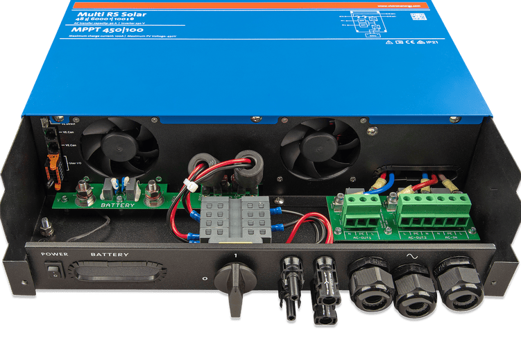 Internal chassis view showing dual cooling fans and electrical component layout