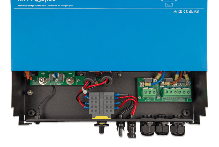 Internal wiring compartment of Victron Multi RS Solar showing battery and AC terminals
