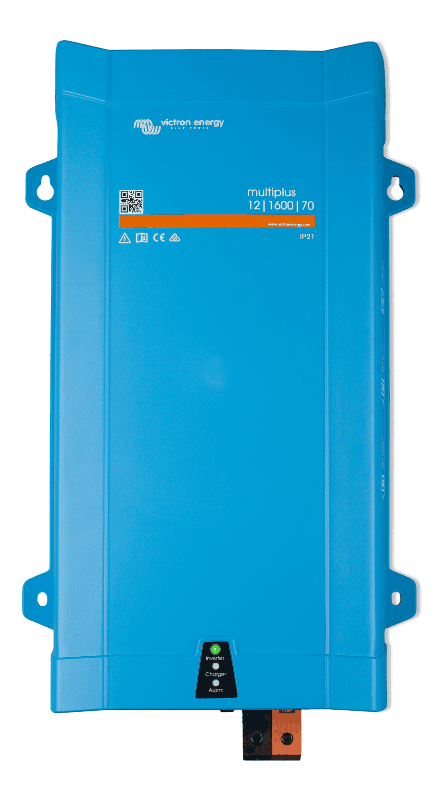 Front view of blue Victron MultiPlus 12/1600/70 inverter charger with status LED panel