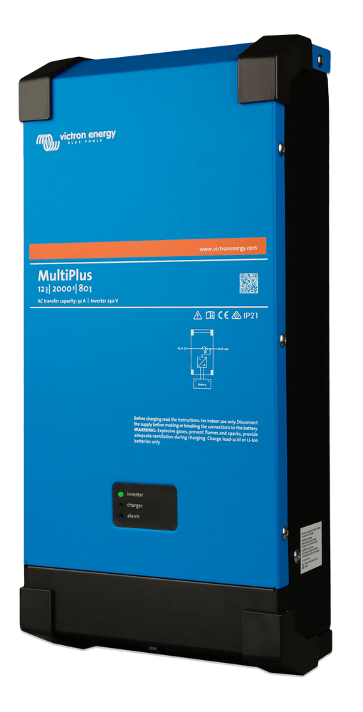 Side perspective of the blue Victron MultiPlus 12/2000/80-32 inverter charger housing