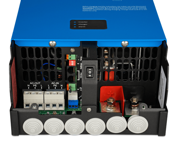 Internal view of connection terminals for the Victron MultiPlus 12/2000/80 inverter charger