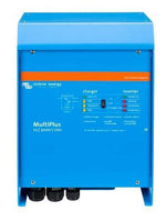 Front view of blue Victron MultiPlus 12/3000/120-50 inverter charger showing status lights and switch