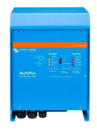 Front view of blue Victron MultiPlus 12/3000/120-50 inverter charger showing status lights and switch