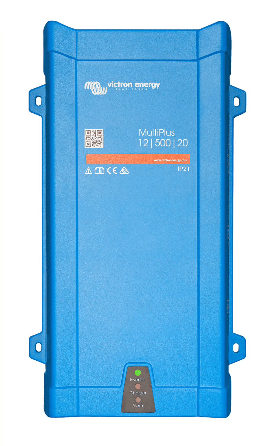 Front view of blue Victron MultiPlus 12/500/20 inverter charger with status LED indicators