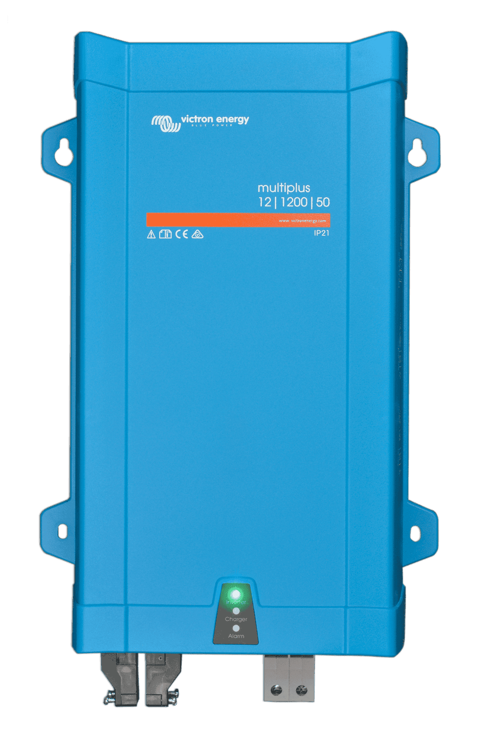 Front view of a blue Victron MultiPlus 12V 1200VA 50A inverter charger showing status LED indicators