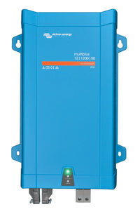 Front view of a blue Victron MultiPlus 12V 1200VA 50A inverter charger showing status LED indicators