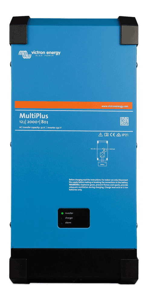 Front view of a blue Victron MultiPlus 12V 2000VA 80A inverter charger with status indicator LEDs