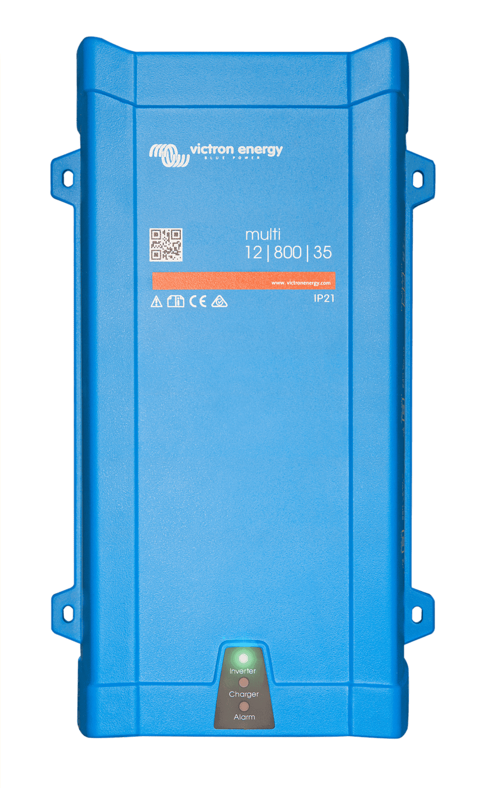 Front view of blue Victron MultiPlus 12V 800VA inverter charger showing status LEDs
