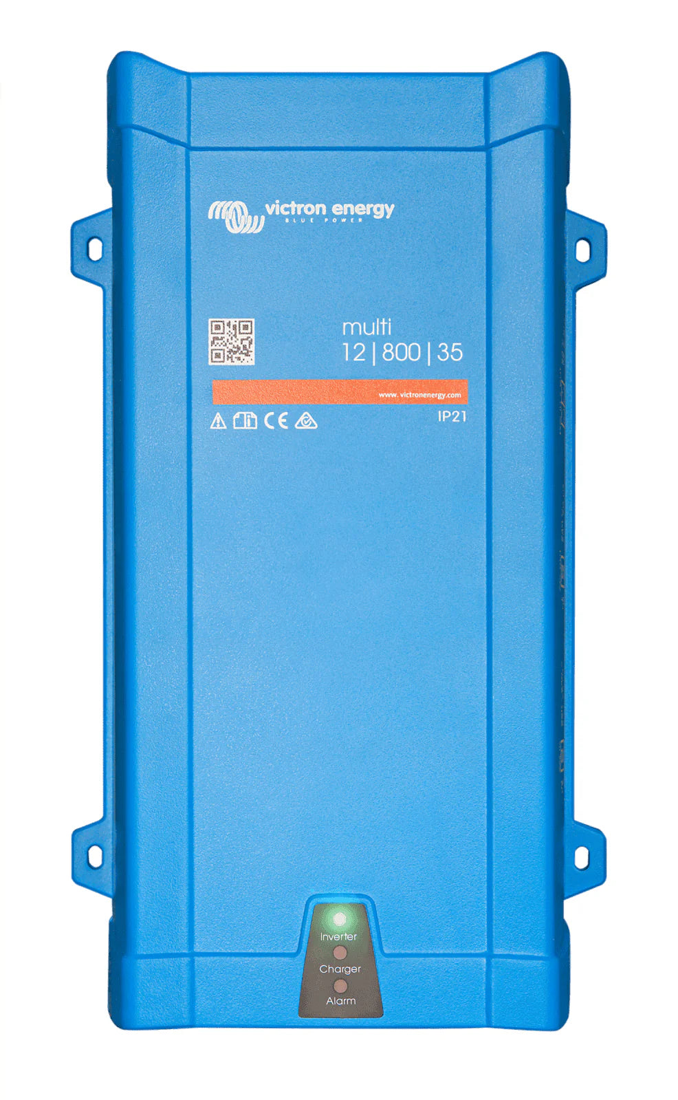 Front view of blue Victron MultiPlus 12V 800VA inverter charger showing status LEDs