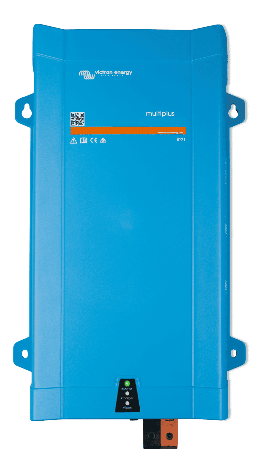 Blue Victron MultiPlus 24/1600/40 inverter charger with status LED indicators and wall mounting brackets