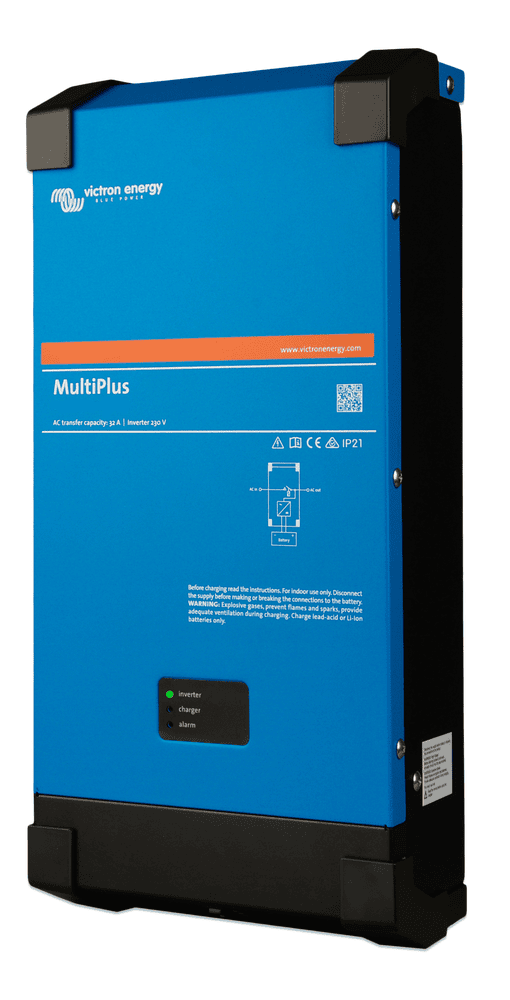 Perspective view of Victron MultiPlus 24V 2000VA steel enclosure with black end caps