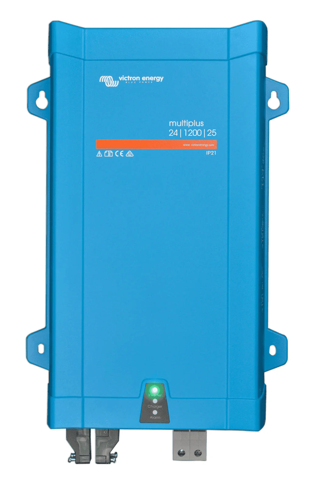 Front view of blue Victron MultiPlus 24V 1200VA inverter charger with status LEDs