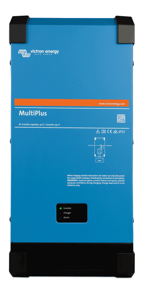 Front view of blue Victron MultiPlus 24V 2000VA inverter charger showing status LEDs