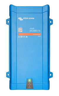 Front view of blue Victron MultiPlus 24/800/16 inverter charger with status LED indicators