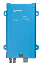 Front view of a blue Victron MultiPlus 48V 1200VA 13A inverter charger in a steel enclosure
