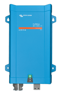 Front view of a blue Victron MultiPlus 48V 1200VA 13A inverter charger in a steel enclosure