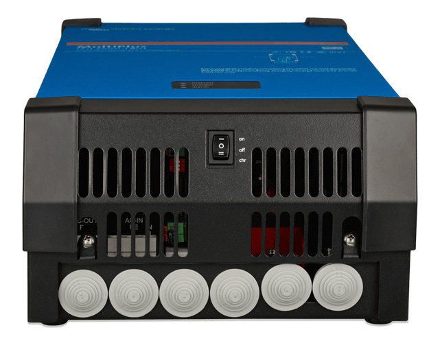 Bottom of inverter charger unit showing cable entry points and power switch