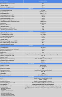 Detailed technical specifications table for the MultiPlus 48/20k/250-100 inverter charger