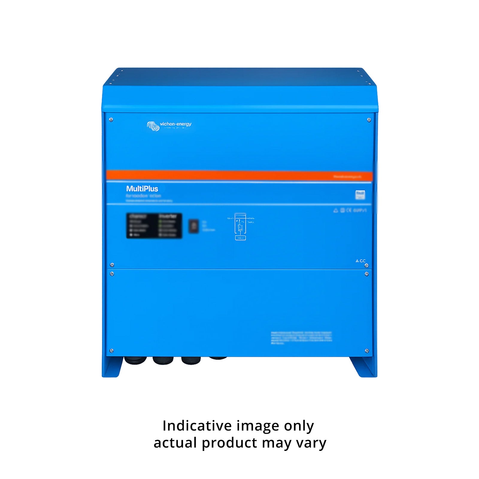 Front view of Victron MultiPlus 48V 20kVA inverter charger in signature blue RAL 5012 casing