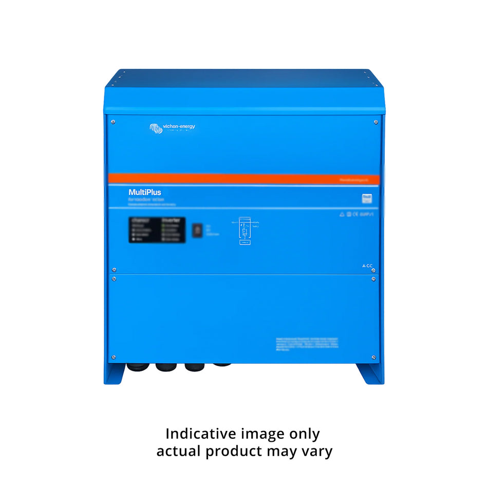 Front view of Victron MultiPlus 48V 20kVA inverter charger in signature blue RAL 5012 casing