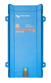Front view of blue Victron MultiPlus 48V 800VA inverter charger with status LED indicators