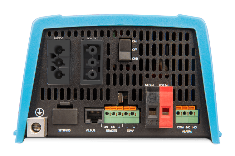 Bottom connection panel of MultiPlus 12/800/35 showing AC input, output, and battery terminals