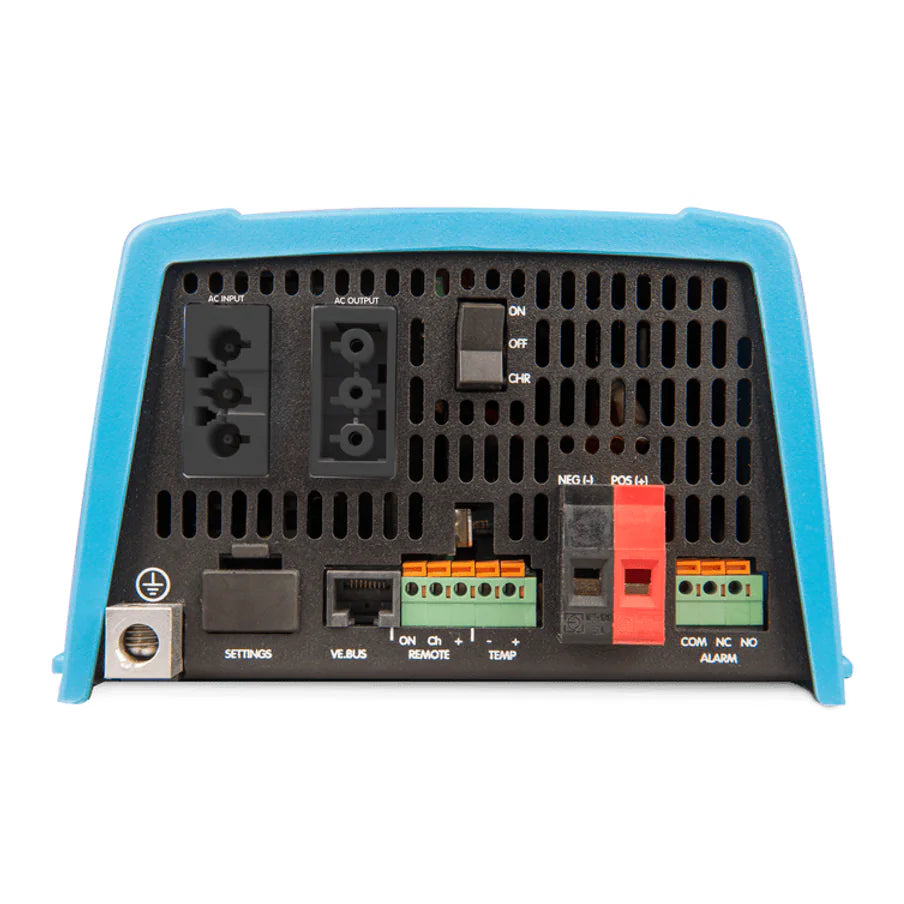 Bottom connection panel of MultiPlus 12/800/35 showing AC input, output, and battery terminals