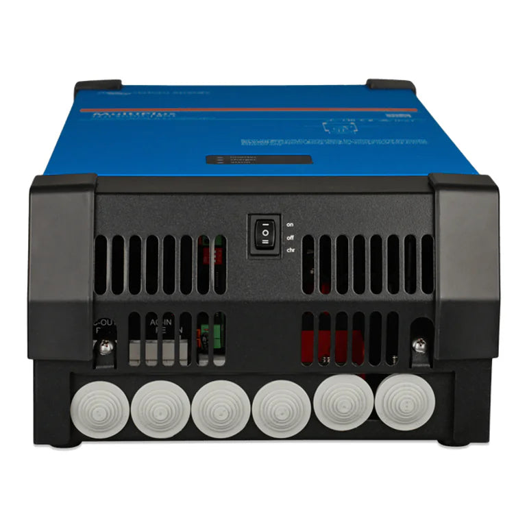Bottom view of the Victron MultiPlus showing cable entry glands and main power switch
