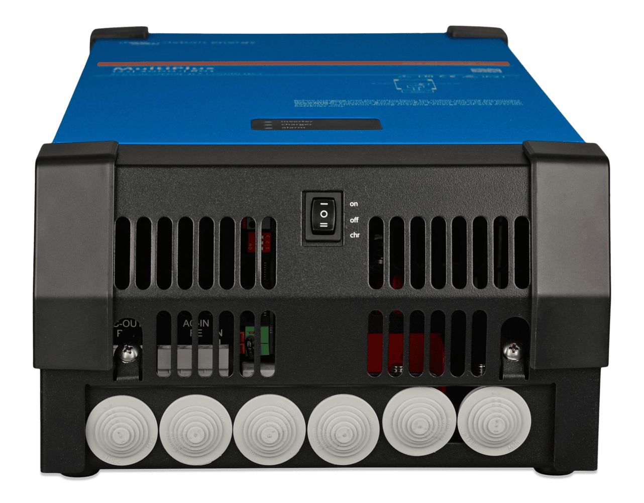 Bottom view of MultiPlus inverter showing cable entry points and main power switch
