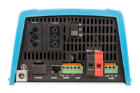 Bottom connection panel of Victron MultiPlus showing AC ports, DC battery terminals and communication ports