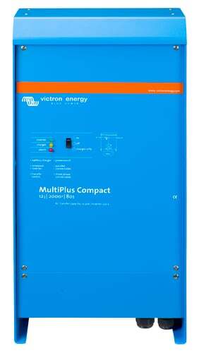 Front view of blue Victron MultiPlus Compact 12/2000/80 inverter charger enclosure