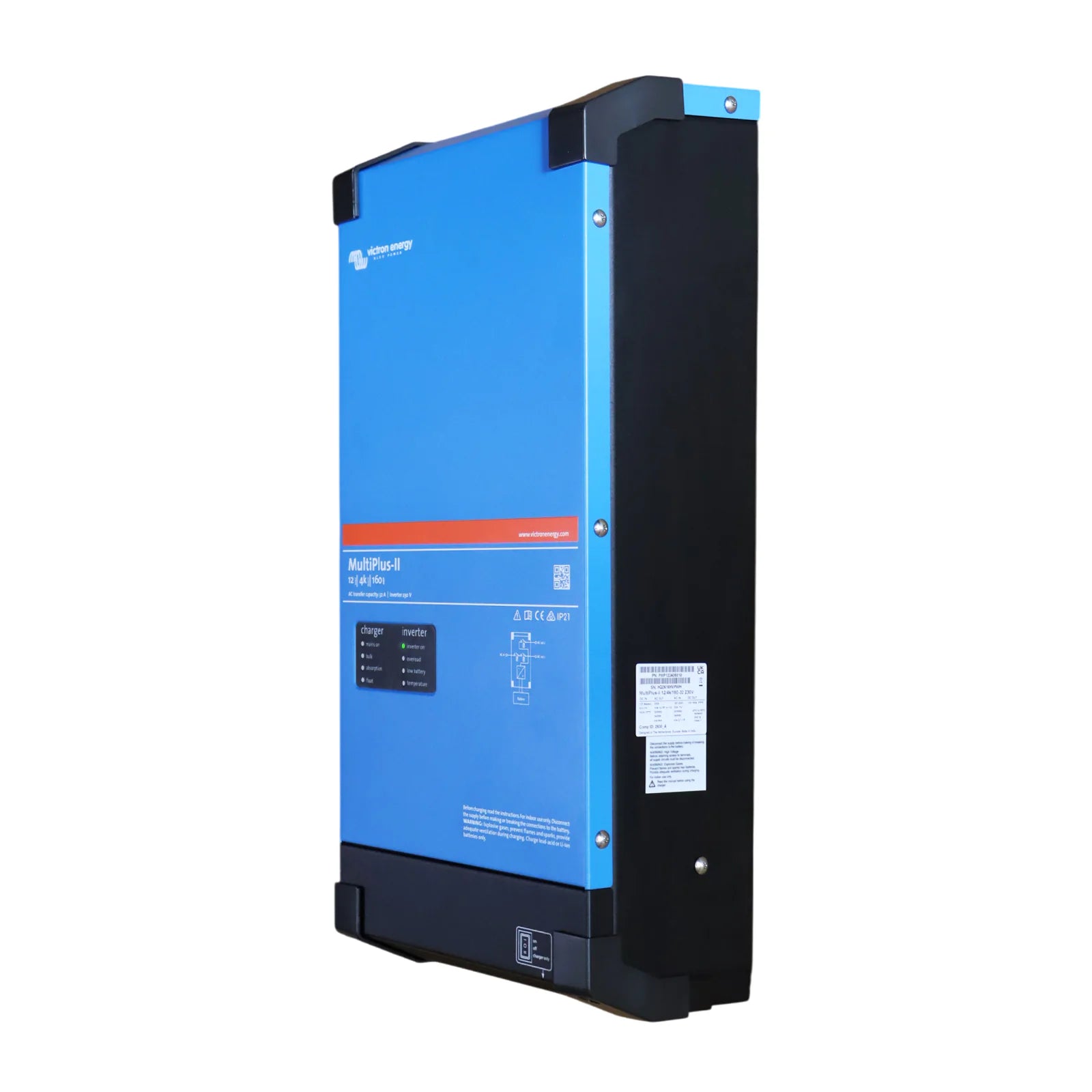 Side perspective of the blue Victron MultiPlus-II 12V 4000W inverter charger