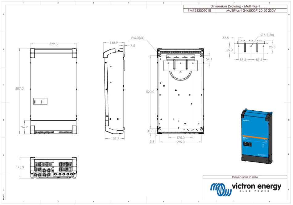 Technical dimensional drawing of the MultiPlus-II 24V 5000VA enclosure