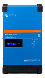 Front view of blue Victron MultiPlus-II GX 48V inverter charger with integrated LCD status display