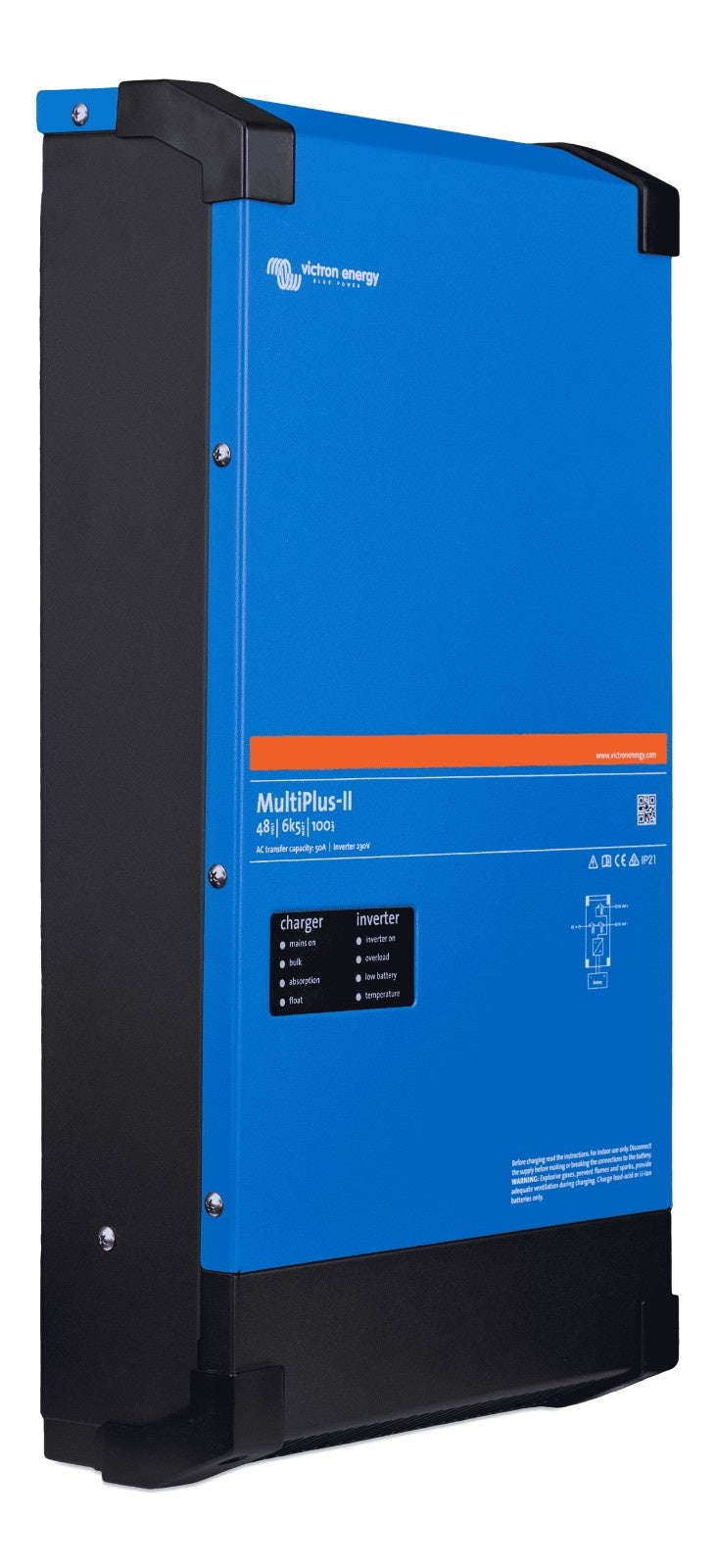 Left angled side view showing the profile and mounting points of the 48V MultiPlus-II inverter charger