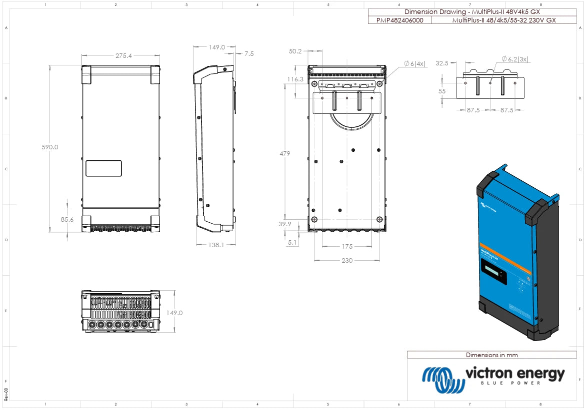Dimensional drawing of the 4500W inverter charger showing mounting points and enclosure size