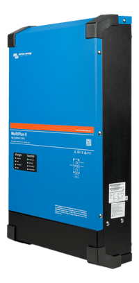 Side angle view of the blue steel inverter charger enclosure