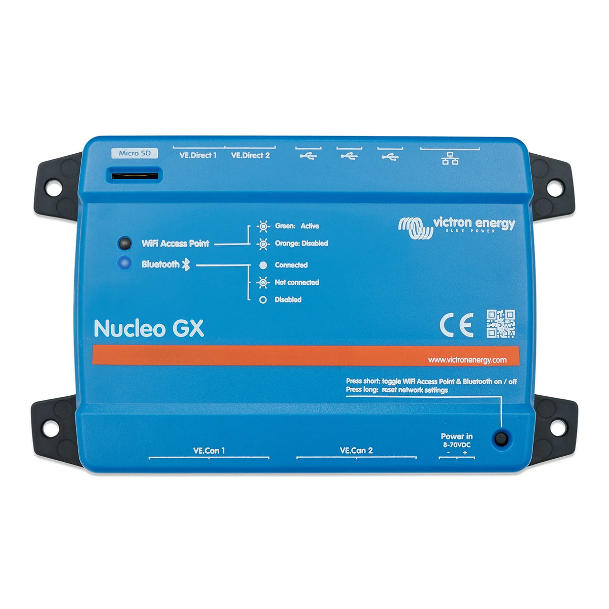 Top view of Victron Nucleo GX showing status LEDs and connection labels