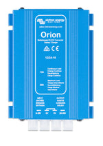 Top-down view of a blue Victron Orion 12V to 24V 10A DC-DC converter showing connection labels