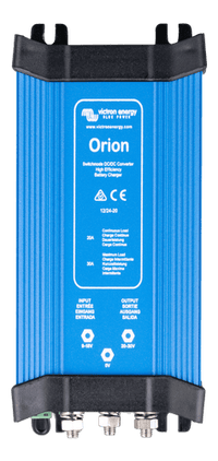 Front view of Victron Orion 12V to 24V 20A DC-DC converter in blue aluminium enclosure