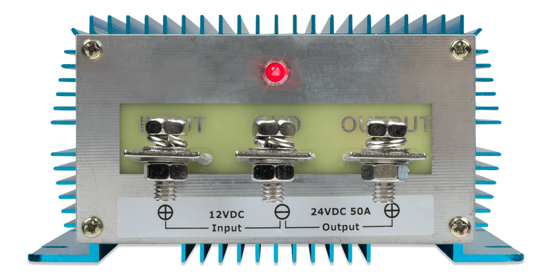 Detailed view of the terminal face of a 50A Victron Orion DC-DC converter