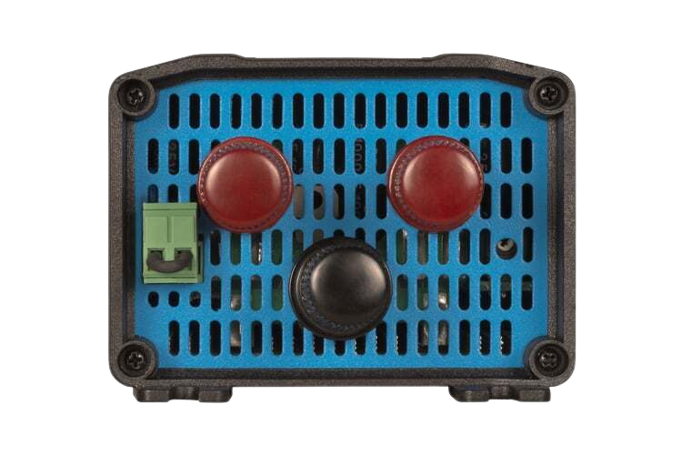 Front view of converter featuring red and black binding posts and remote on-off terminal block