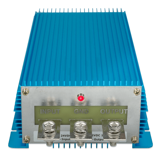 Front view of terminal plate showing input, ground and output labels on the DC-DC converter