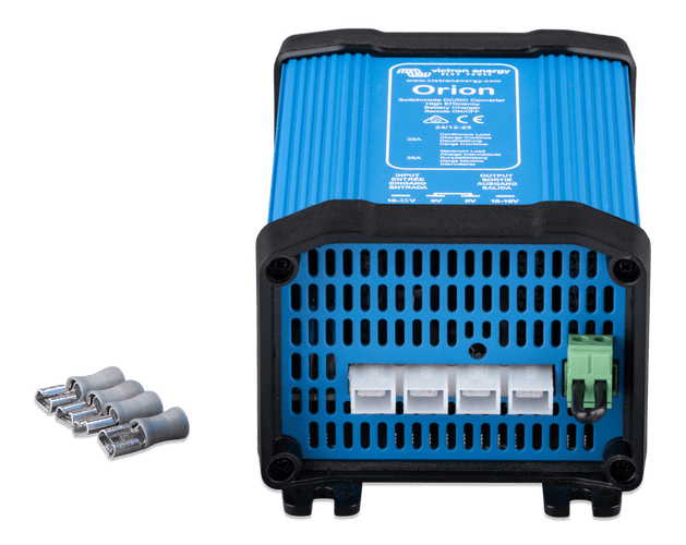 Angled view of the Victron Orion 24/12-25 converter with four included female spade connectors
