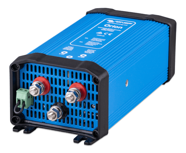 Perspective side view of Victron Orion 12/24-20A DC-DC converter showing cooling fins