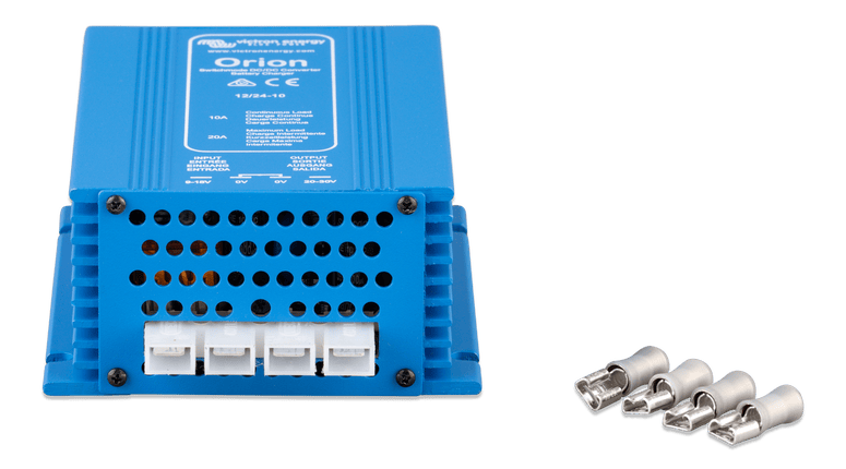 Front view of Victron Orion converter showing connection tabs and ventilation holes