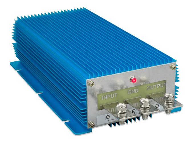 Angled view of a blue Victron DC-DC converter with heavy duty M6 bolt terminals