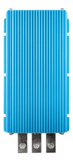 Top view of a blue Victron Orion IP67 12V to 24V DC-DC converter with ribbed aluminium heat sink